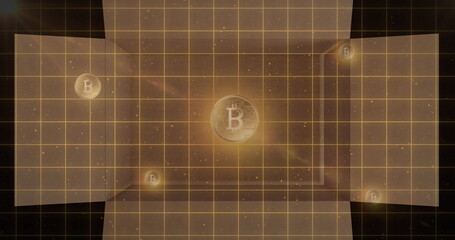 Image of gold bitcoins over grid and opening and closing cardboard box