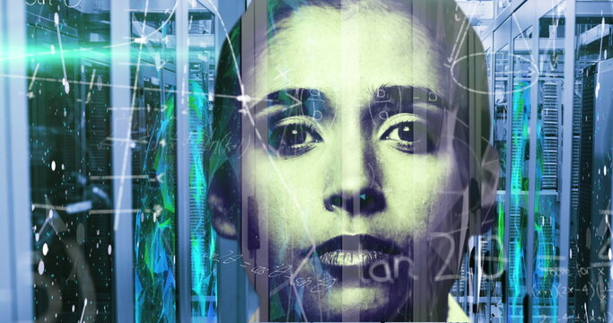 Image of mathematical equations data, molecules and lights moving over portrait of biracial woman 