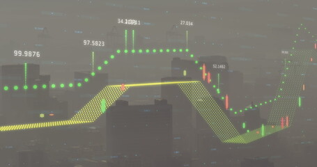Image of financial data processing over cityscape