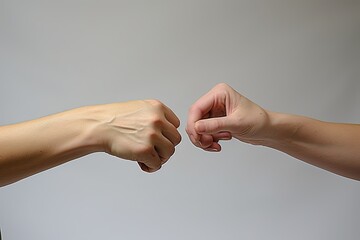 Woman and man fist bump isolated on gray background. Closeup. Fist bump greeting. appreciation.