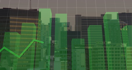 Image of financial data processing over cityscape
