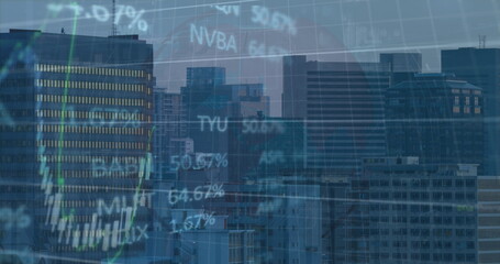 Image of financial graphs and data over cityscape