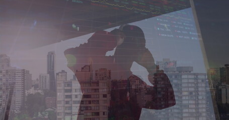 Image of financial data processing over african american man and cityscape