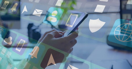 Image of media icons over caucasian woman using smartphone