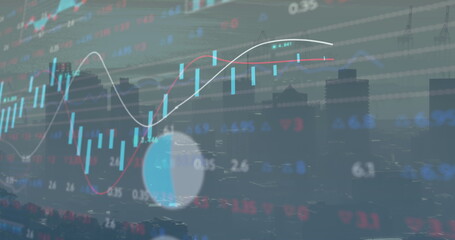 Image of financial graphs and data over cityscape