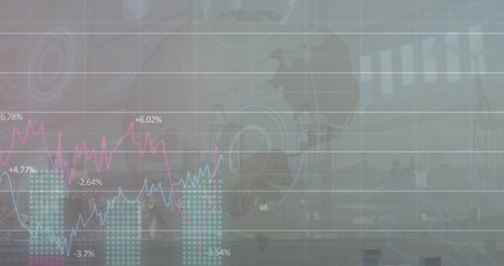 Image of financial graphs and data over cityscape