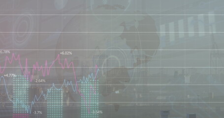 Image of financial graphs and data over cityscape