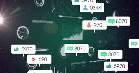 Image of media icons and data processing over space