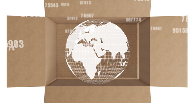 Image of numbers changing and globe spinning over cardboard box