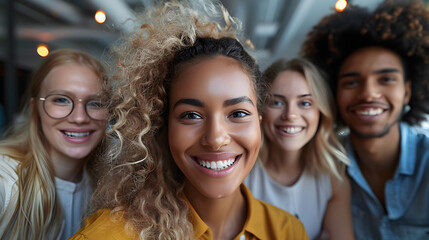 Fototapeta premium Multicultural happy people taking group selfie portrait in the office, diverse people celebrating together, Happy lifestyle and teamwork concept