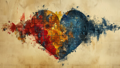 Vector drawing of one heart, like a puzzle, expressing the idea of understanding and harmony in relationships 