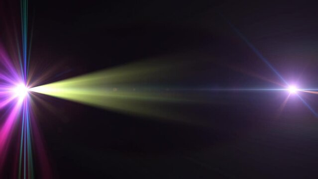 Abstract gold blue optical lens flares shine light motion animation moving left to right side on black background for screen project overlay. 4K seamless loop dynamic kinetic bright star light rays 
