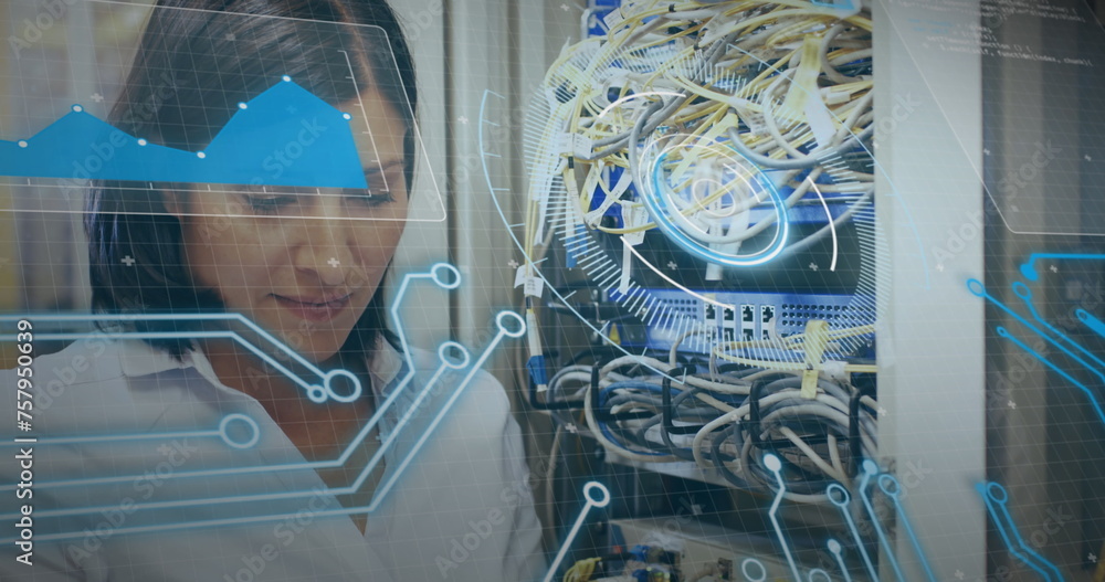 Poster image of interface with data processing over biracial female engineer working at server room