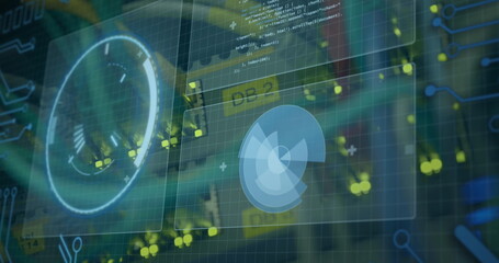 Image of interface with data processing and round scanner over close up of a computer server