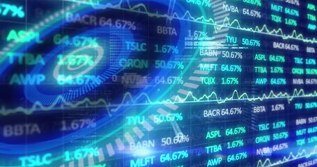 Digital image of stock market data processing over neon round scanner against blue background