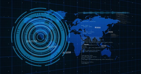 Image of processing circle, data and world map on black background