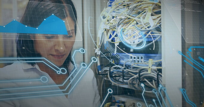 Image of interface with data processing over biracial female engineer working at server room