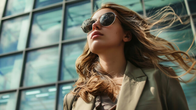 beautiful young woman in sunglasses and a turquoise business suit against the background of a glass multi-story office.Model in a woman's suit against the background of a building. Business woman