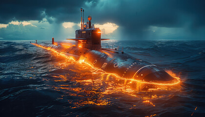 Submarine with orange lighting in the blue ocean. Generative AI. - obrazy, fototapety, plakaty