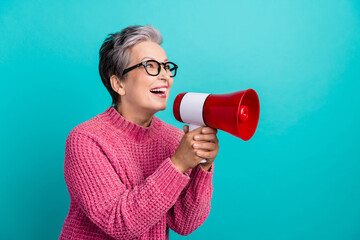 Portrait of optimistic person wear knit pullover in eyewear hold megaphone look at sale empty space...