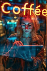 Woman Using Tablet Outside Coffee Shop