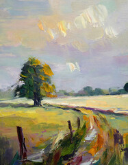 An acrylic style painting if the green English countryside in Summer