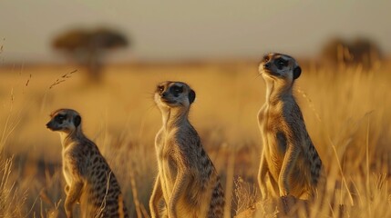 Three Meerkats Standing in a Field of Tall Grass - obrazy, fototapety, plakaty