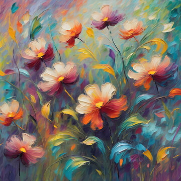 Oil painting of spring flowers, using an innovative abstract technique that reflects the fluidity and spontaneity characteristic of watercolor artwork.
