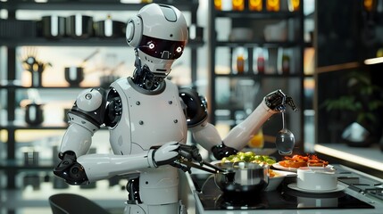 Fototapeta premium Android Robot Chef Crafting a Gourmet Meal in a Modern Kitchen
