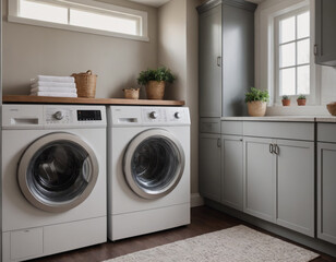 Chic Laundry Room with Modern Appliances and Wooden Accents