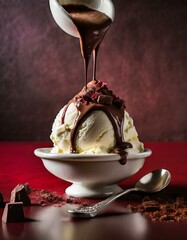Vertical Shot of chocolate melting while poured over a vanilla ice cream scoop isolated on dark red