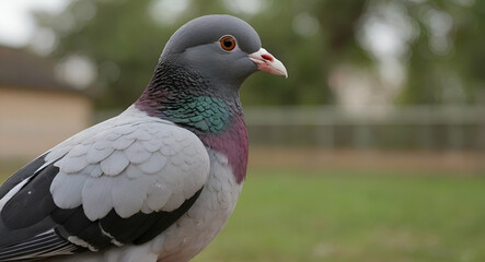 closeup of beautiful pigeon bird sitting on pipe with blurry building background. beautiful pigeon bird looking at the camera. generative ai 