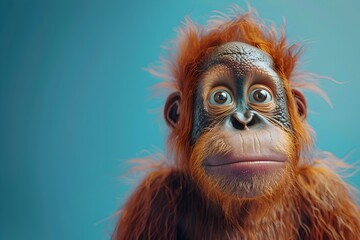 Curious Orangutans Close-up Portrait with Funny Expression on Blue Background - obrazy, fototapety, plakaty