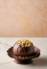 Chocolate ball with golden sprinkles on white marble table. Copy space.