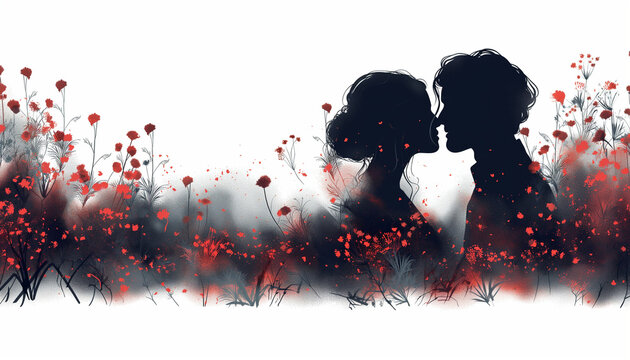 Graphics depicting a kiss between a loving couple, surrounded by floral patterns and light effects