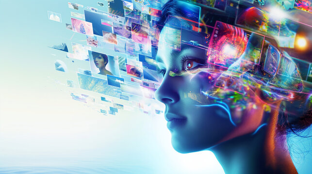 Person mit vielen unterschiedlichen Medien um den Kopf herum soziale Medien TV Bilder 3d f&uuml;r digitalen Lifestyle Hintergrund Generative AI
