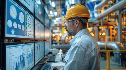 An engineer standing in front of computer screens showing some graphs related to energy generation inside of a nuclear power plant. Generative AI.