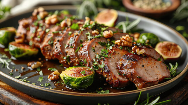Shredded spiced pork tenderloin with figs, walnuts and Brussels sprouts. salt and pepper. Generative AI.