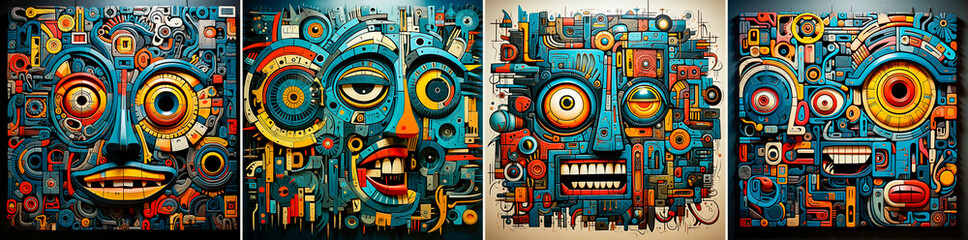Unique and attractive mosaic style design. Conveys the essence of primitivist madness. Masks and totems add a touch of whimsy and creativity. Colorful designs that stand out and make a statement. - obrazy, fototapety, plakaty