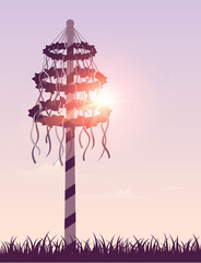 maypole with ribbons on meadow silhouette on sunny background vector illustration - obrazy, fototapety, plakaty