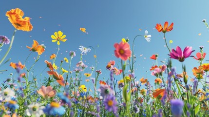 Fototapeta na wymiar Joy illustrated by a field of vibrant wildflowers under a clear blue sky