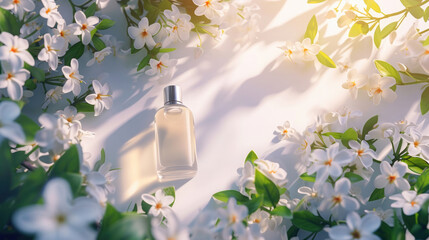 women's glass perfume bottle lies in the center near jasmine branches, white flower with petals, sunlight, empty space for textadvertising banner - Powered by Adobe