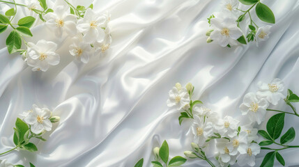 jasmine branches, white flowers on satin fabric with smooth folds, white background, empty space...