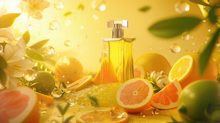 glass bottle of perfume on a yellow background, limoncello spray, fresh lemons, slices and citrus slices, fruits with leaves and flowers, sunbeam, empty space for text