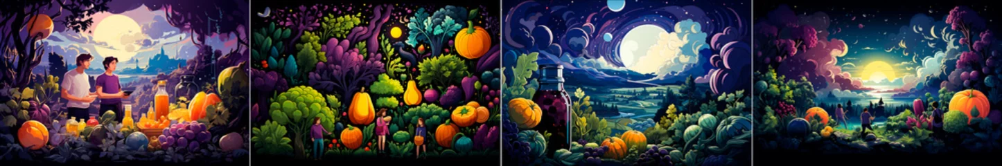 Deurstickers colorful illustration of people surrounded by fruits, vegetables, milk and bread, © na9179126124