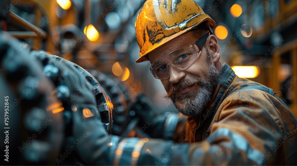 Poster A construction pipe fitter working on a pipe in a refinery. Generative AI.