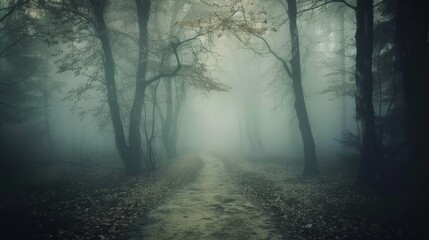 Melancholy captured through a foggy forest path, with muted colors and soft light