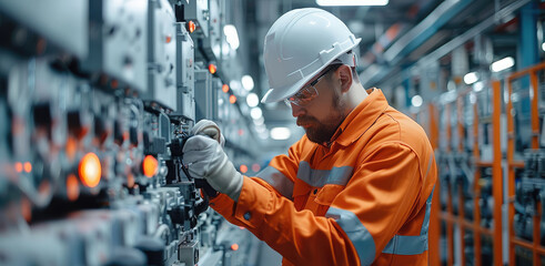 Maintenance worker with orange overalls and white hard hat working on high tech equipment. Generative AI.