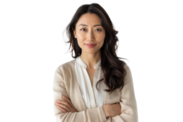 woman with folded arms and a warm smile, conveying authority with approachability.