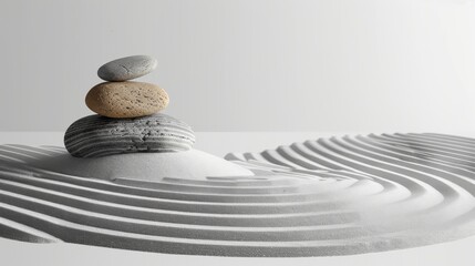 Mindfulness depicted by a zen garden with neatly raked sand and minimalistic elements - obrazy, fototapety, plakaty
